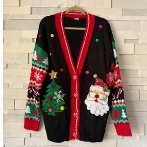 UGLY CHRISTMAS SWEATER NWT Applique Santa Tree CandyCanes Sequin Poms Cardigan S
